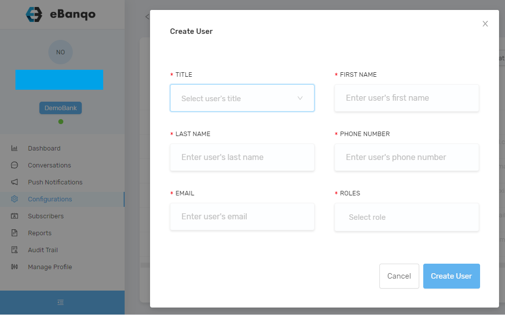 Adding a new user in eBanqo Messenger