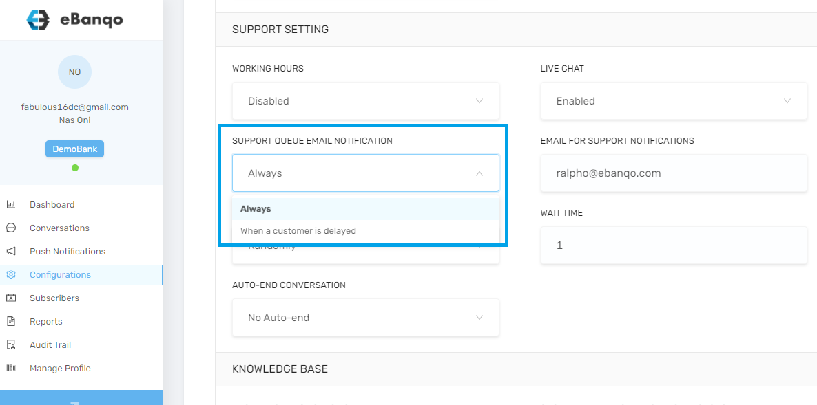 How to enable or disable support settings in eBanqo Messenger