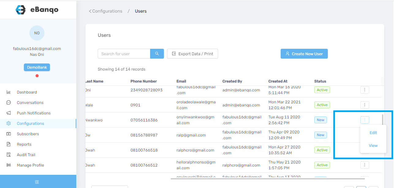 How to delete a user in eBanqo Messenger