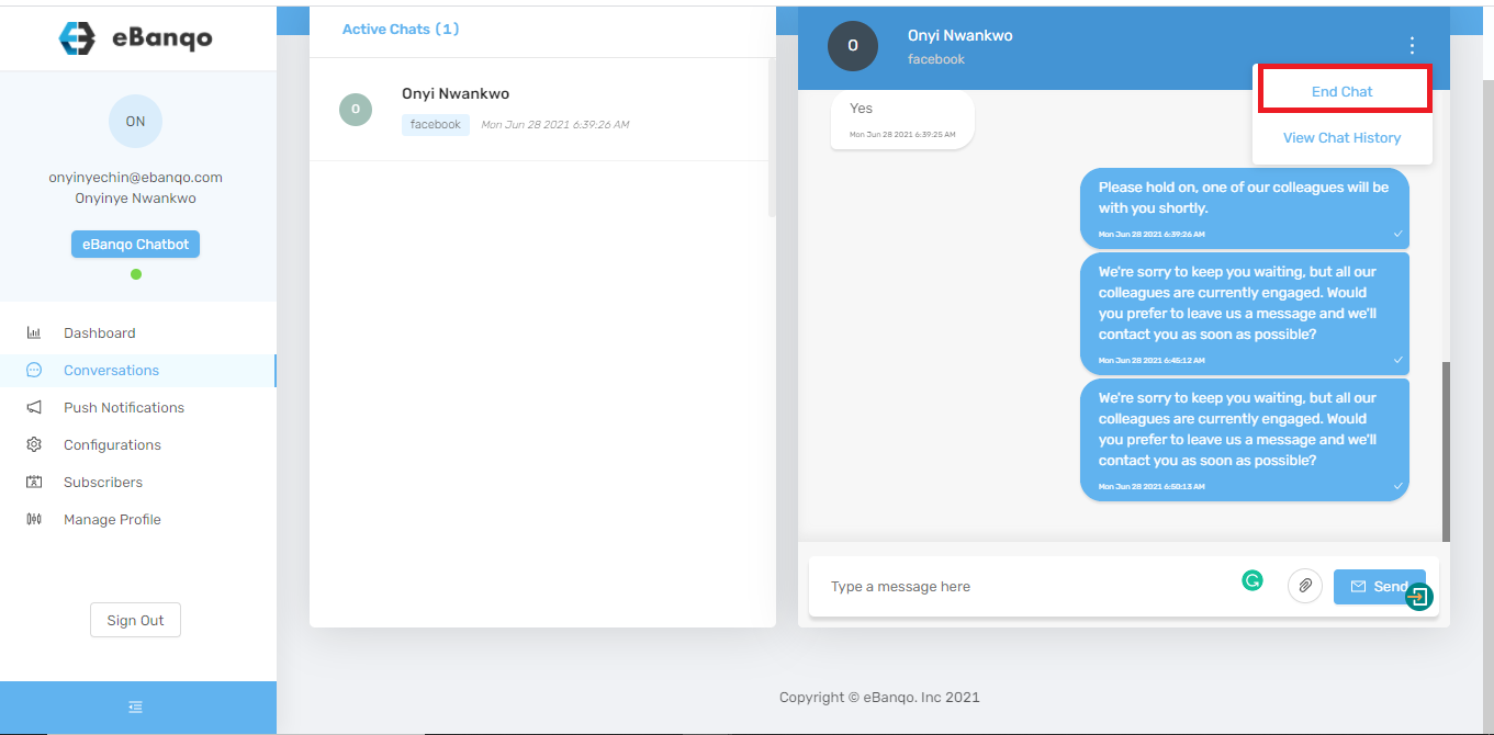 How to end a chat in eBanqo Messenger