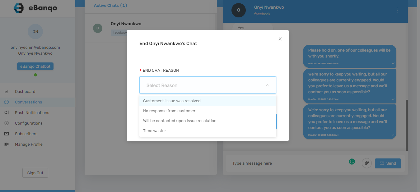 how to end a chat in eBanqo Messenger
