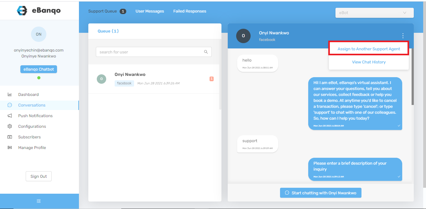 How to reassign a customer in eBanqo Messenger