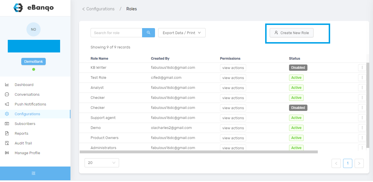 How to create new roles in eBanqo Messenger