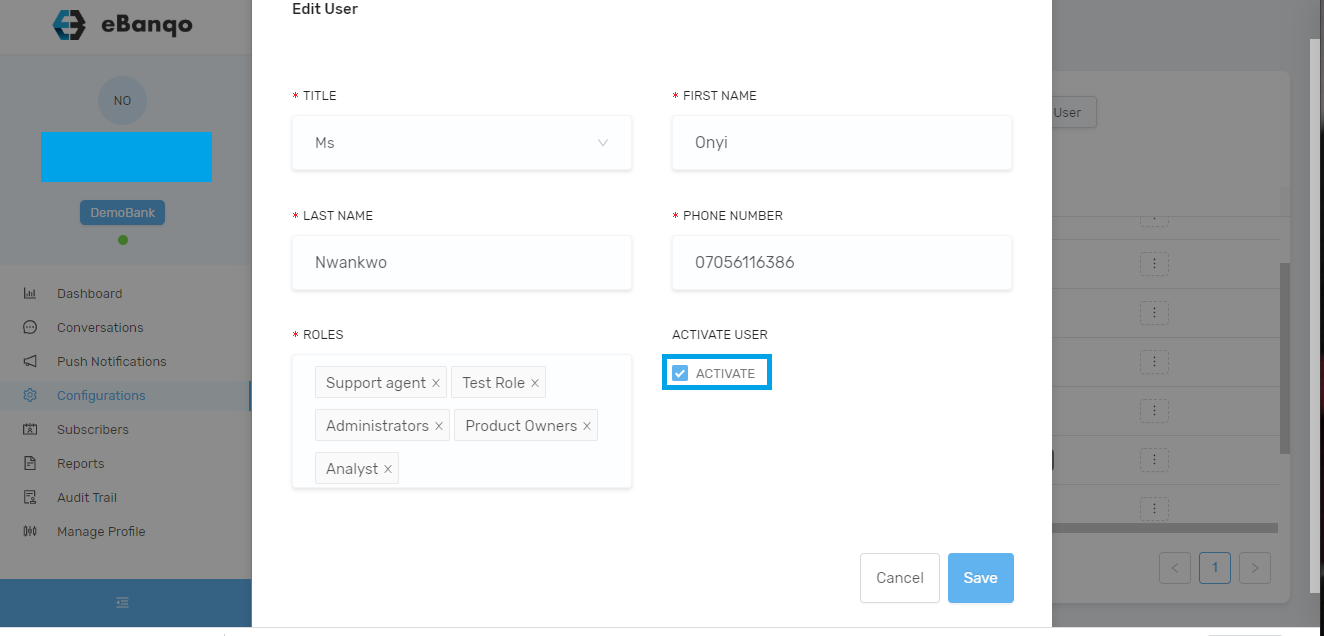 Removing a user in eBanqo Messenger