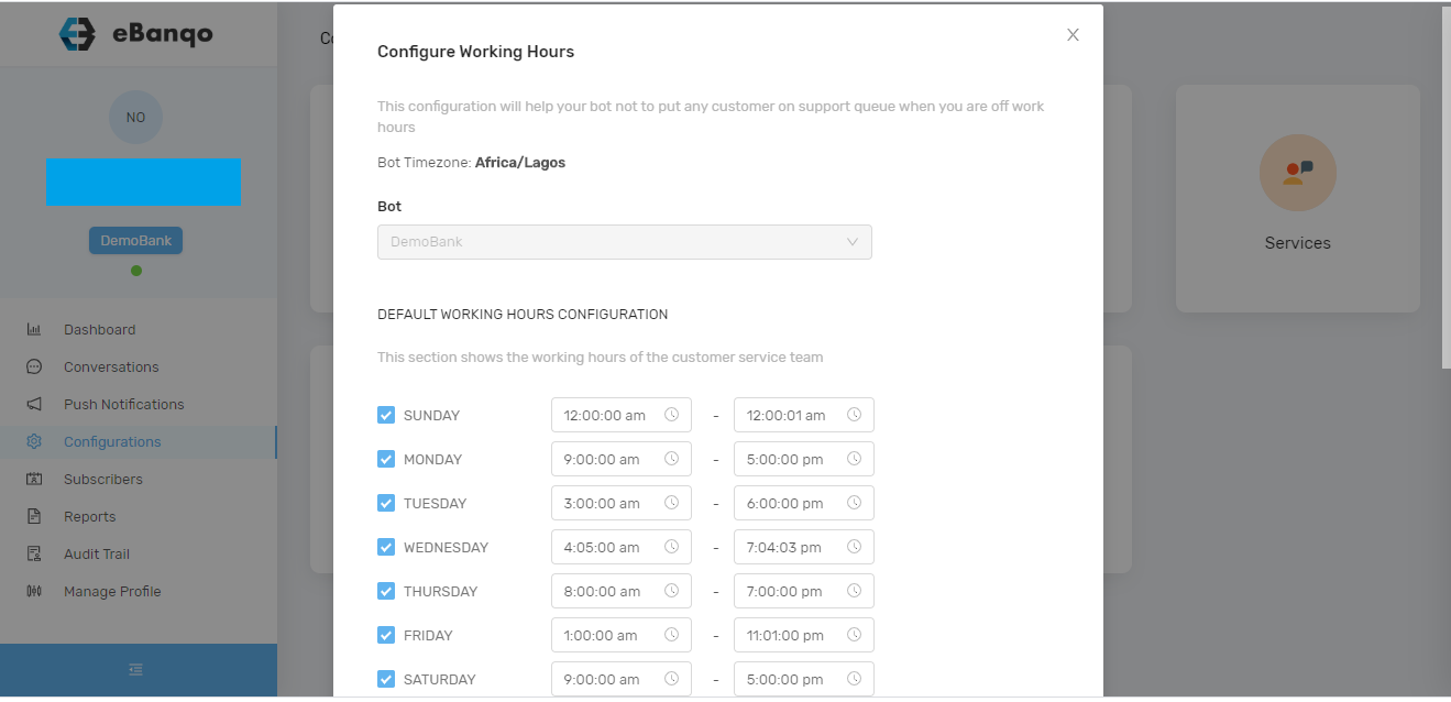Working hour setting in eBanqo Messenger
