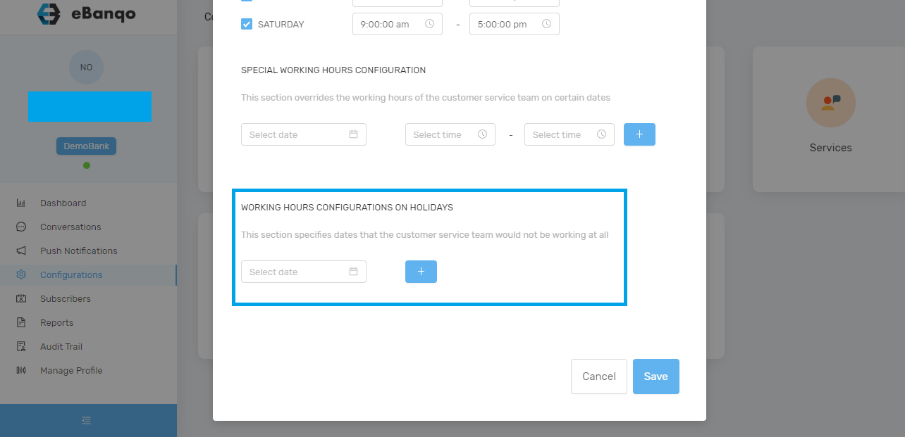 Working hour settings in eBanqo Messenger