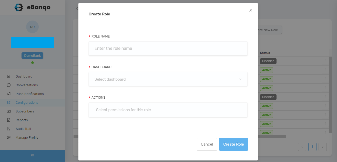 Adding a new role in eBanqo Messenger