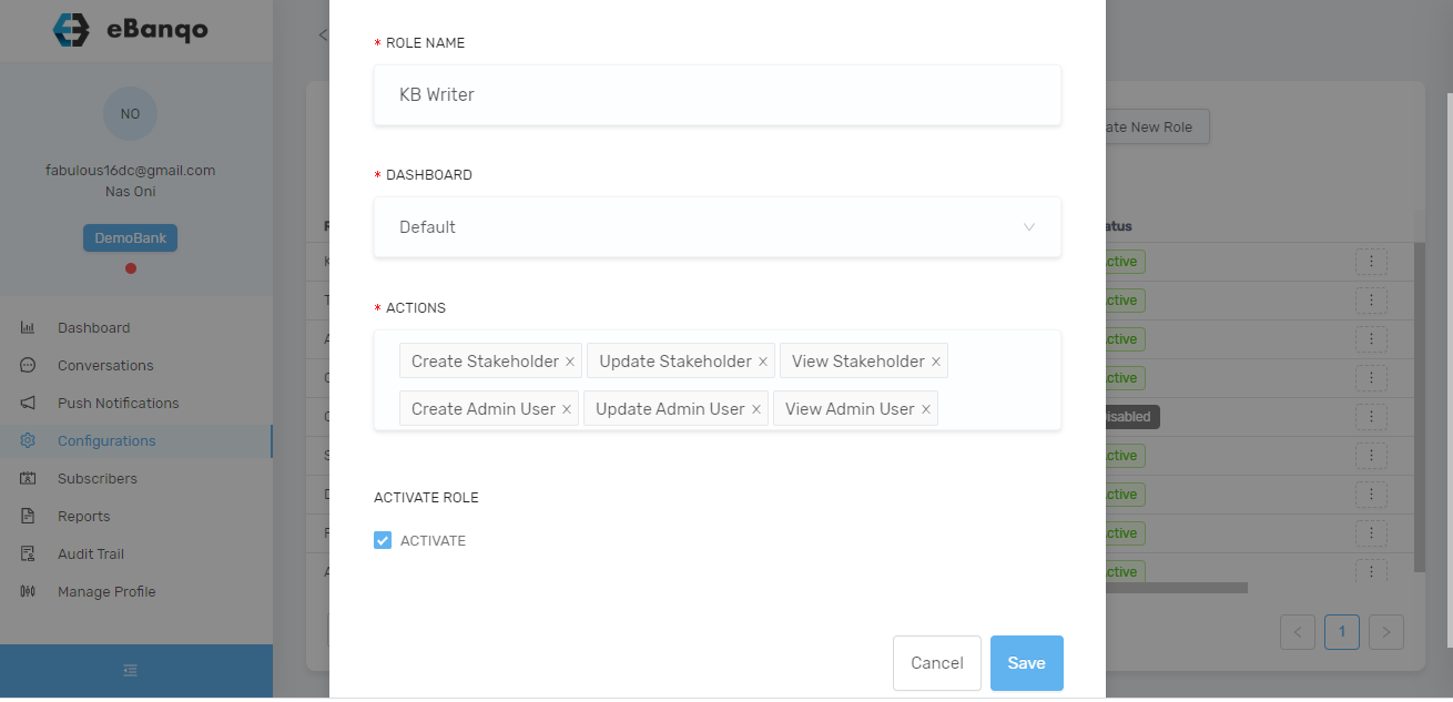 Editing permissions in eBanqo Messenger