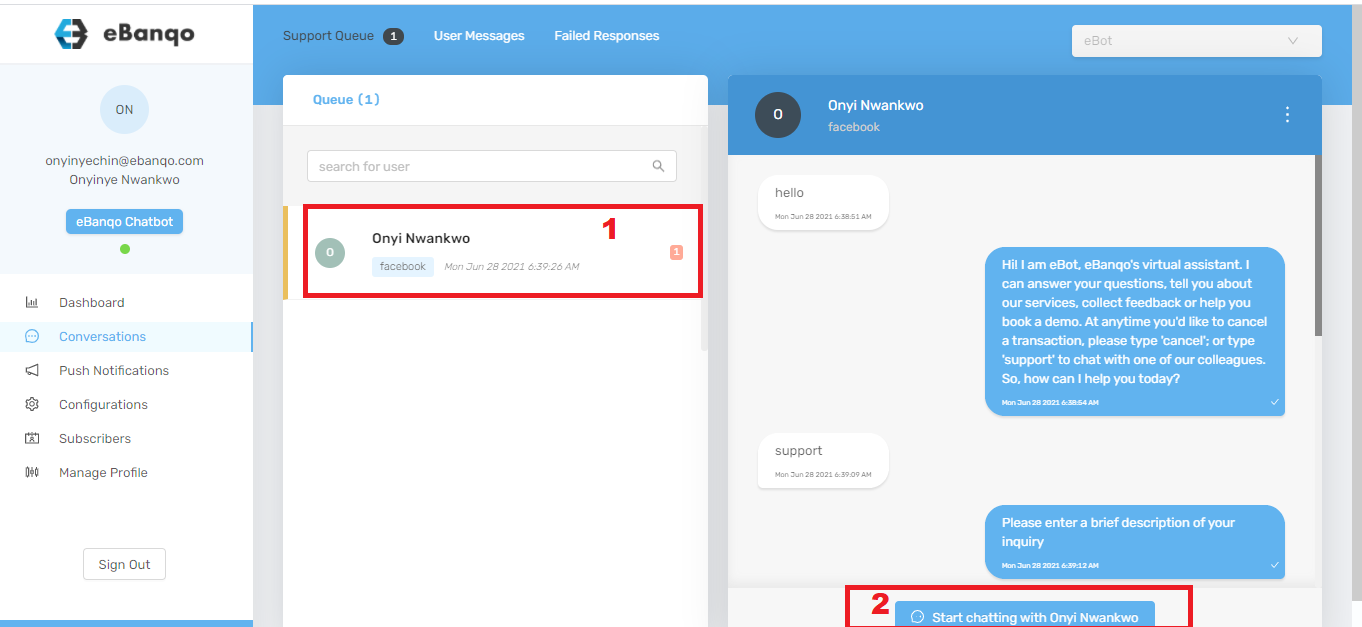 How to chat with a customer on the queue in eBanqo Messenger