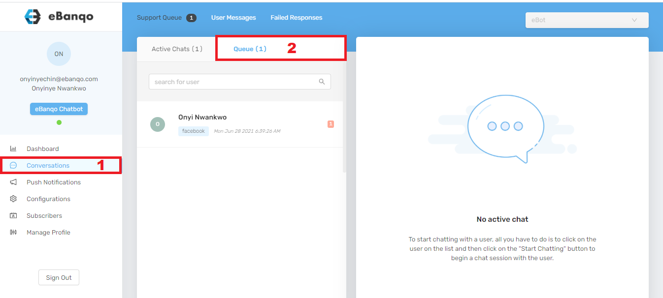 How to chat with a customer on the queue in eBanqo Messenger