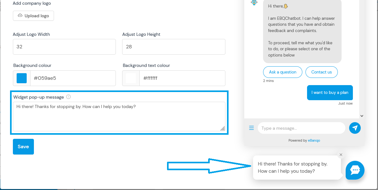 Widget popup message