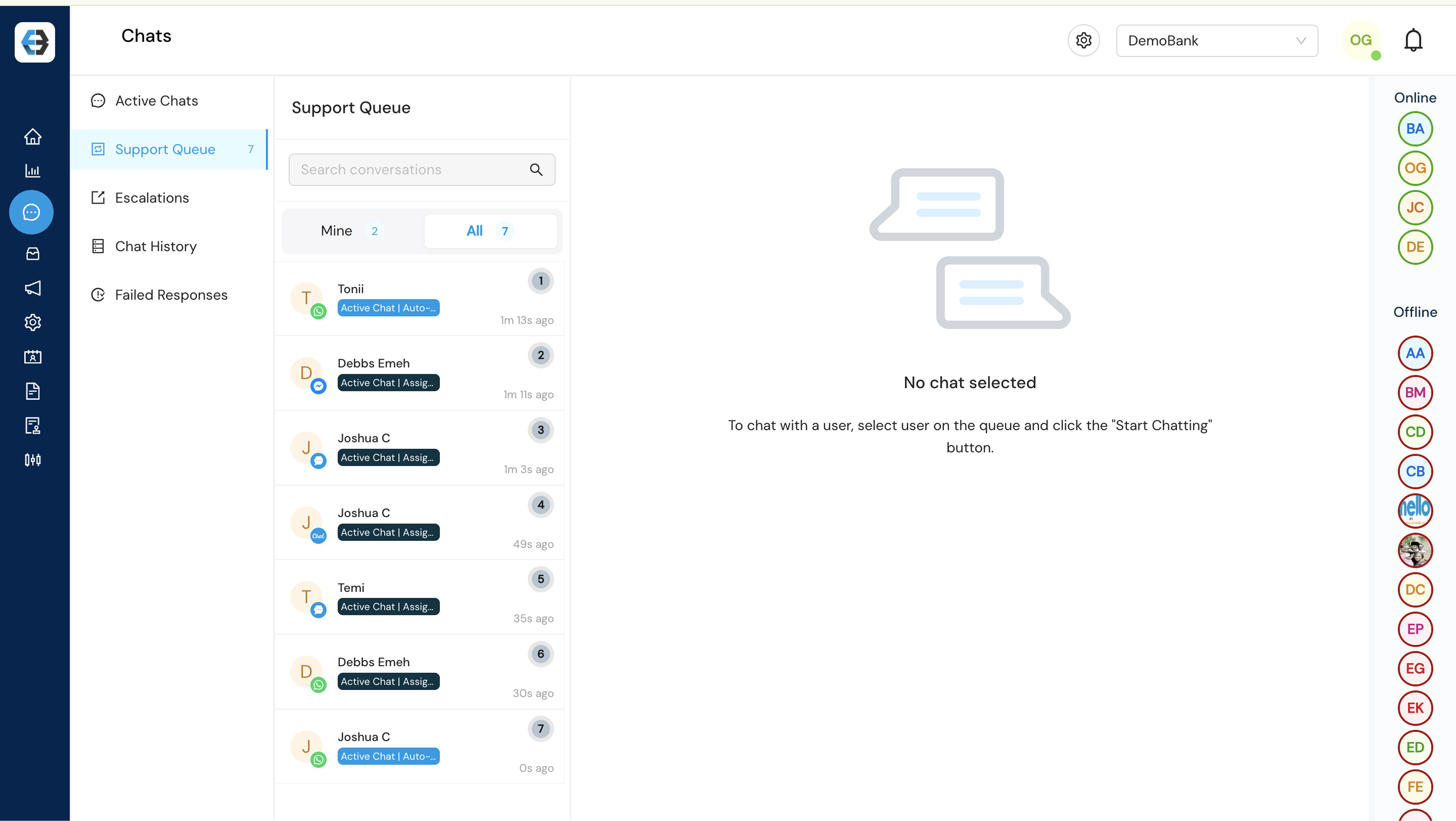 Managing Support Queue, Active Chats, Escalations, Chat History, and Failed Responses 