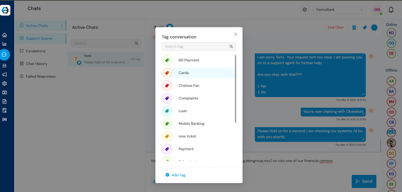 Managing Support Queue, Active Chats, Escalations, Chat History, and Failed Responses 