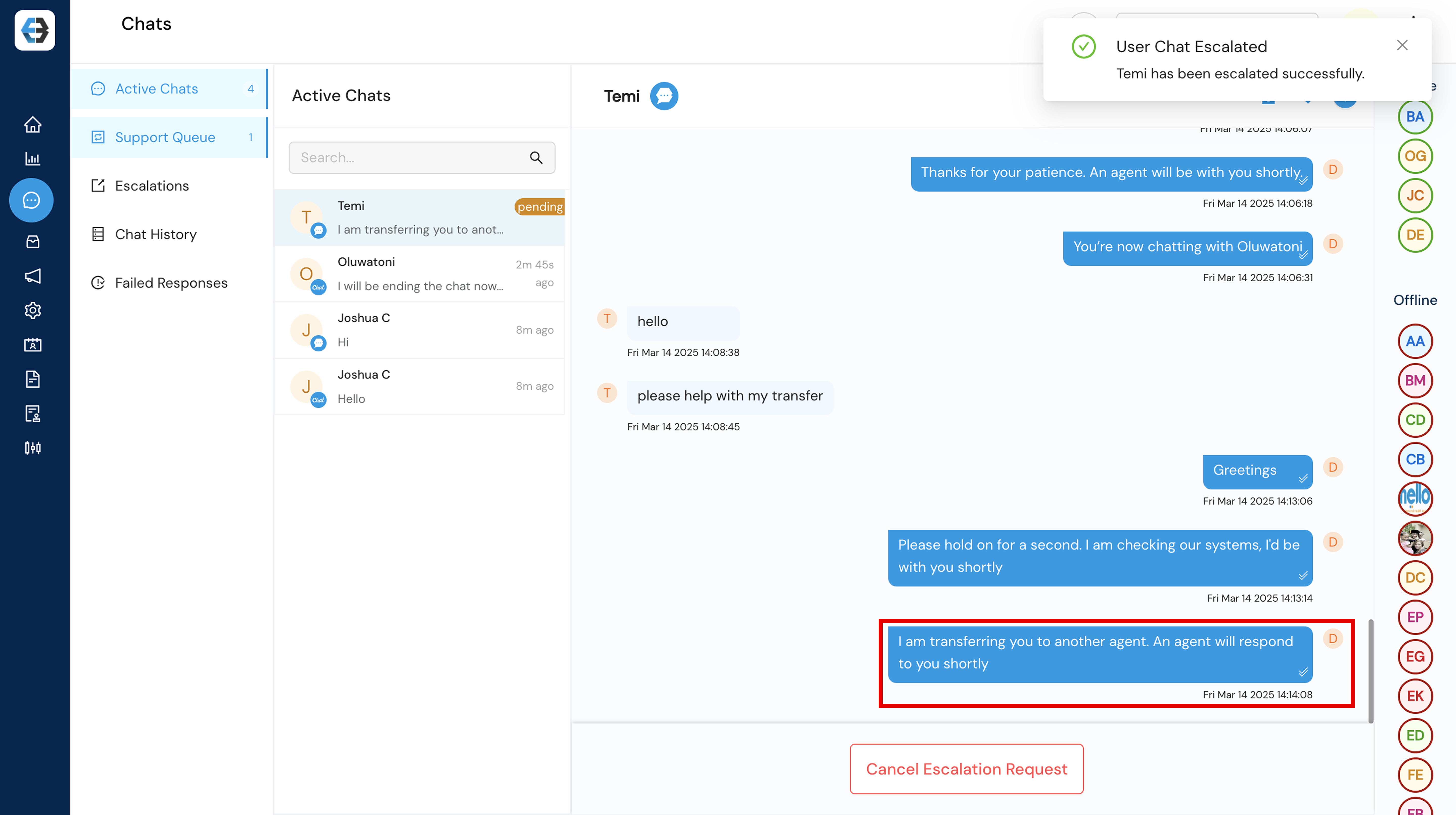 Managing Support Queue, Active Chats, Escalations, Chat History, and Failed Responses 