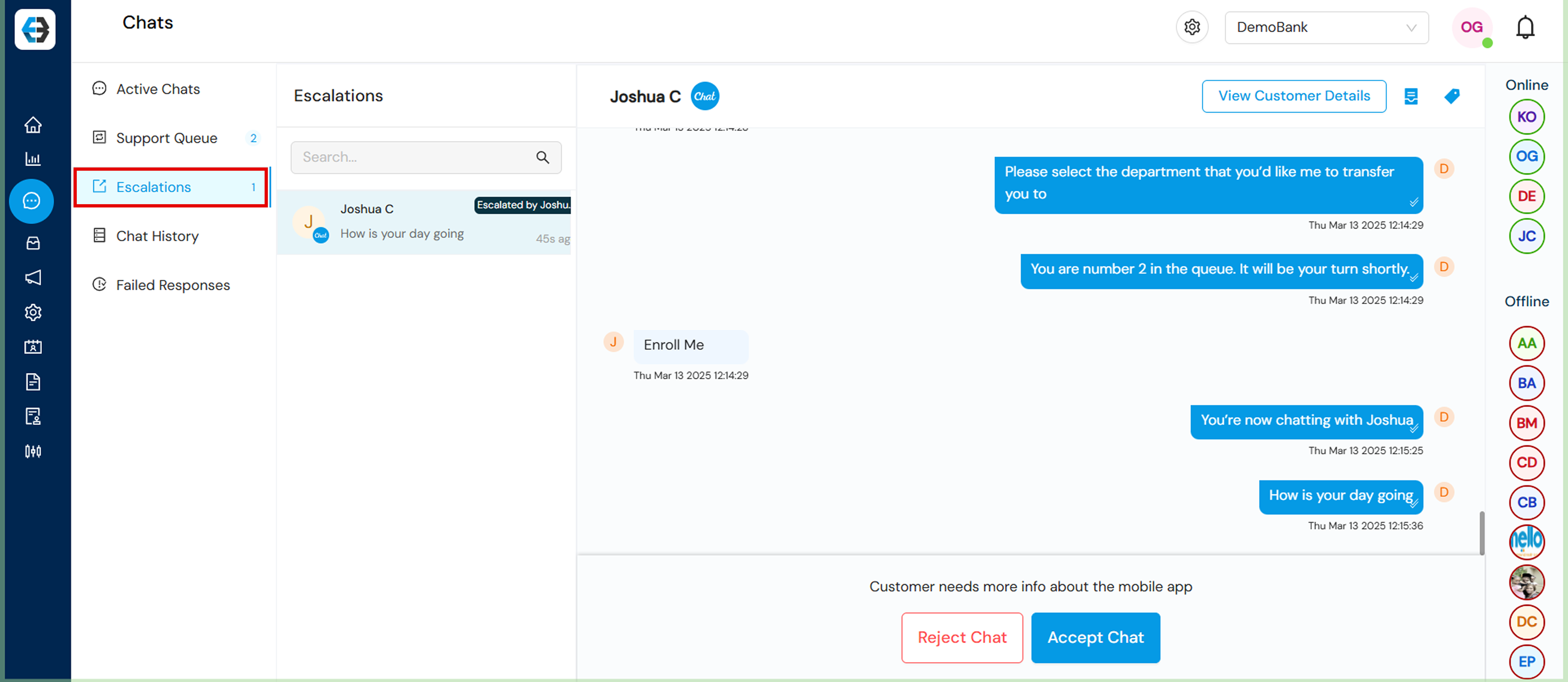 Managing Support Queue, Active Chats, Escalations, Chat History, and Failed Responses 