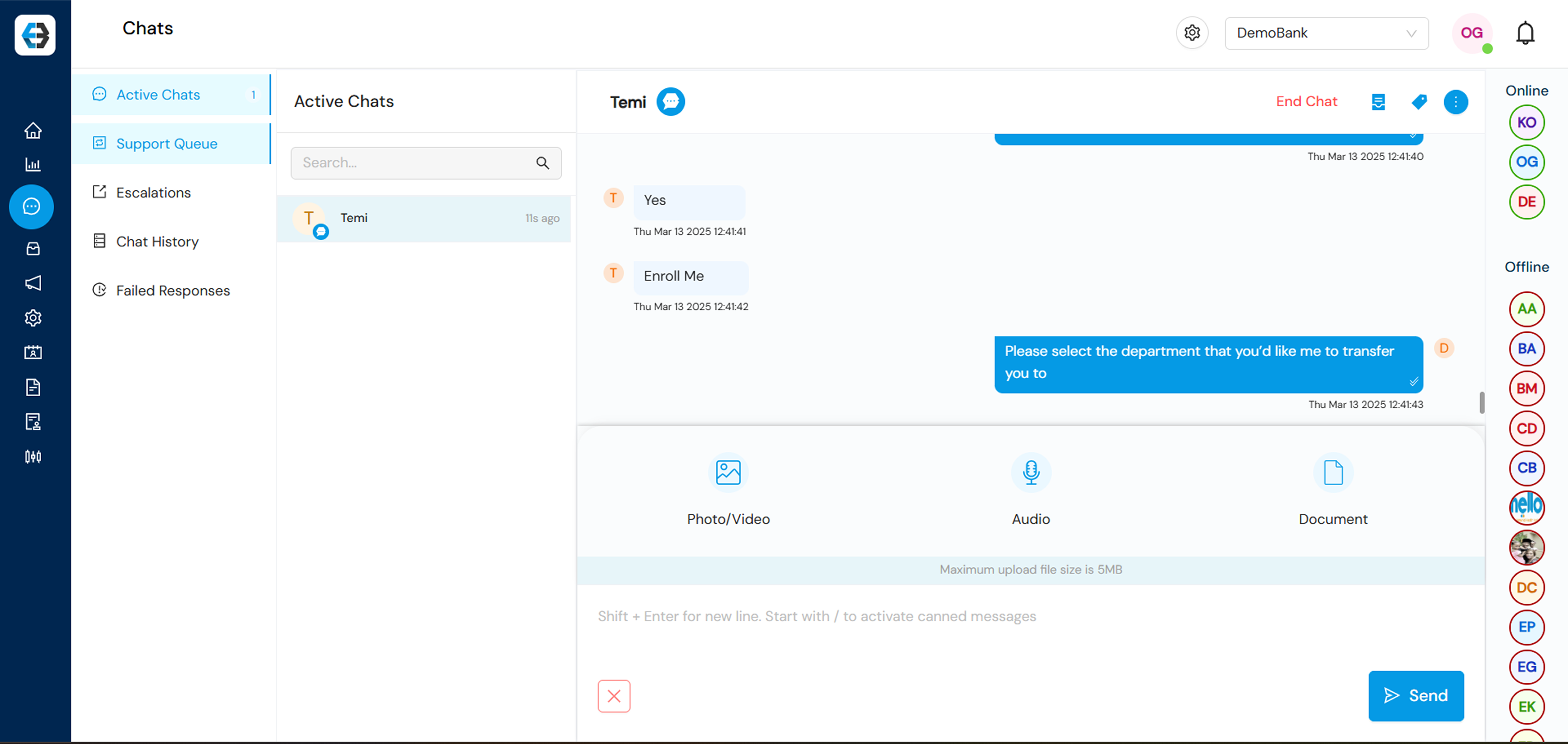 Managing Support Queue, Active Chats, Escalations, Chat History, and Failed Responses 