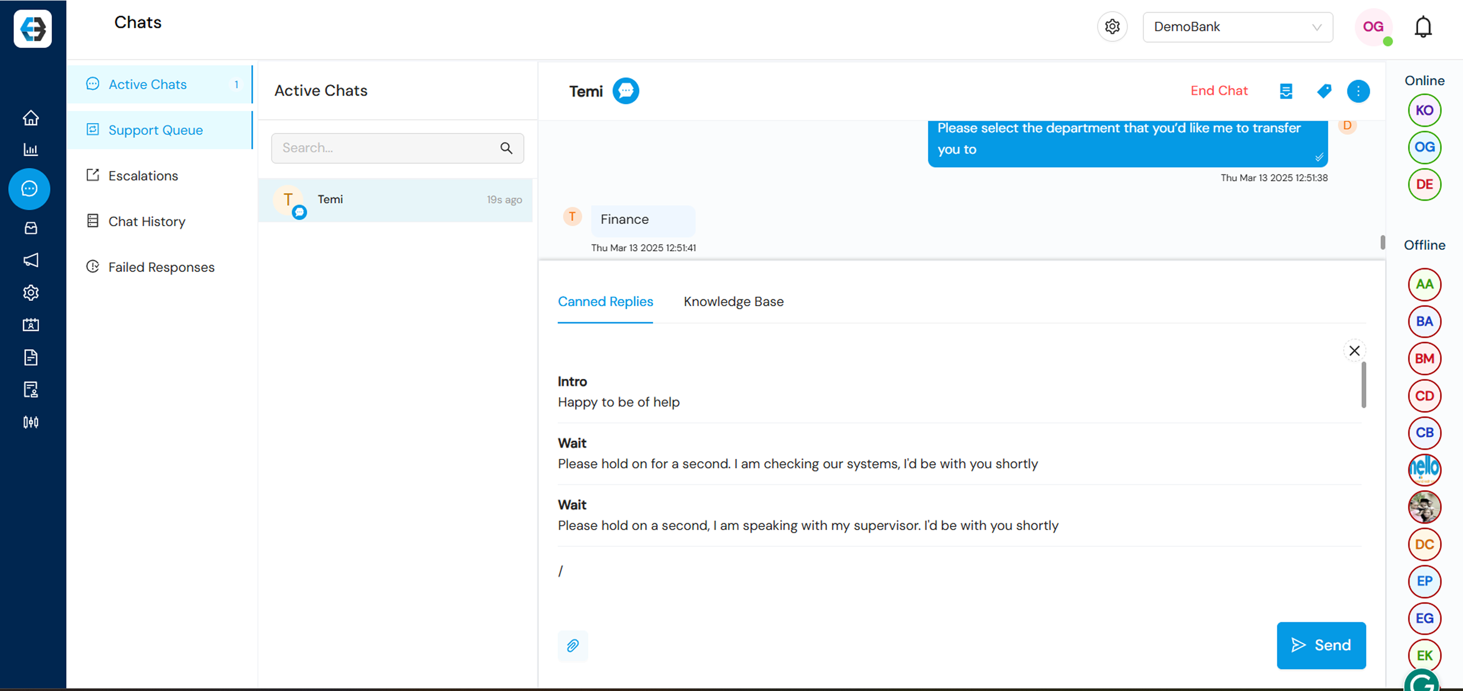 Managing Support Queue, Active Chats, Escalations, Chat History, and Failed Responses 