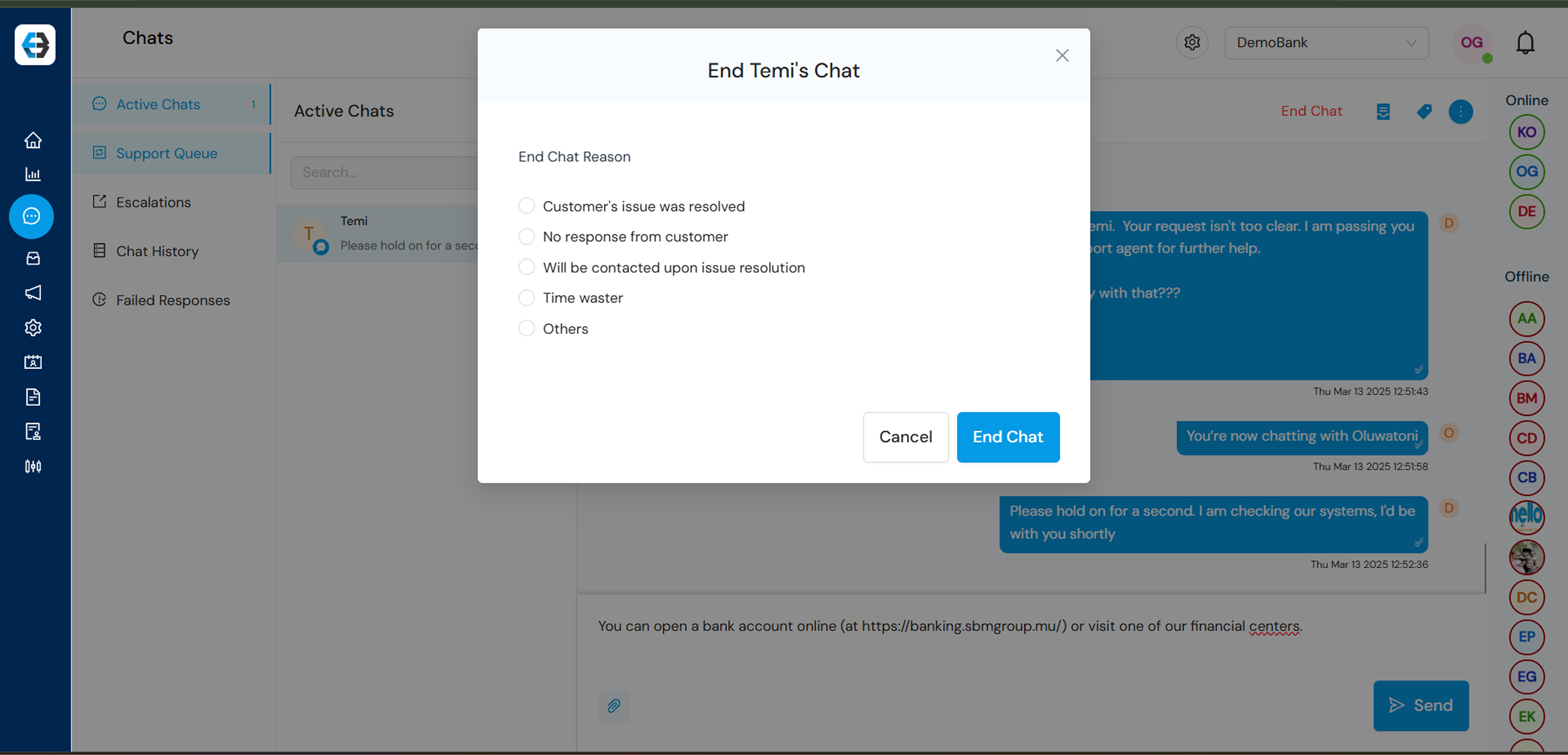 Managing Support Queue, Active Chats, Escalations, Chat History, and Failed Responses 