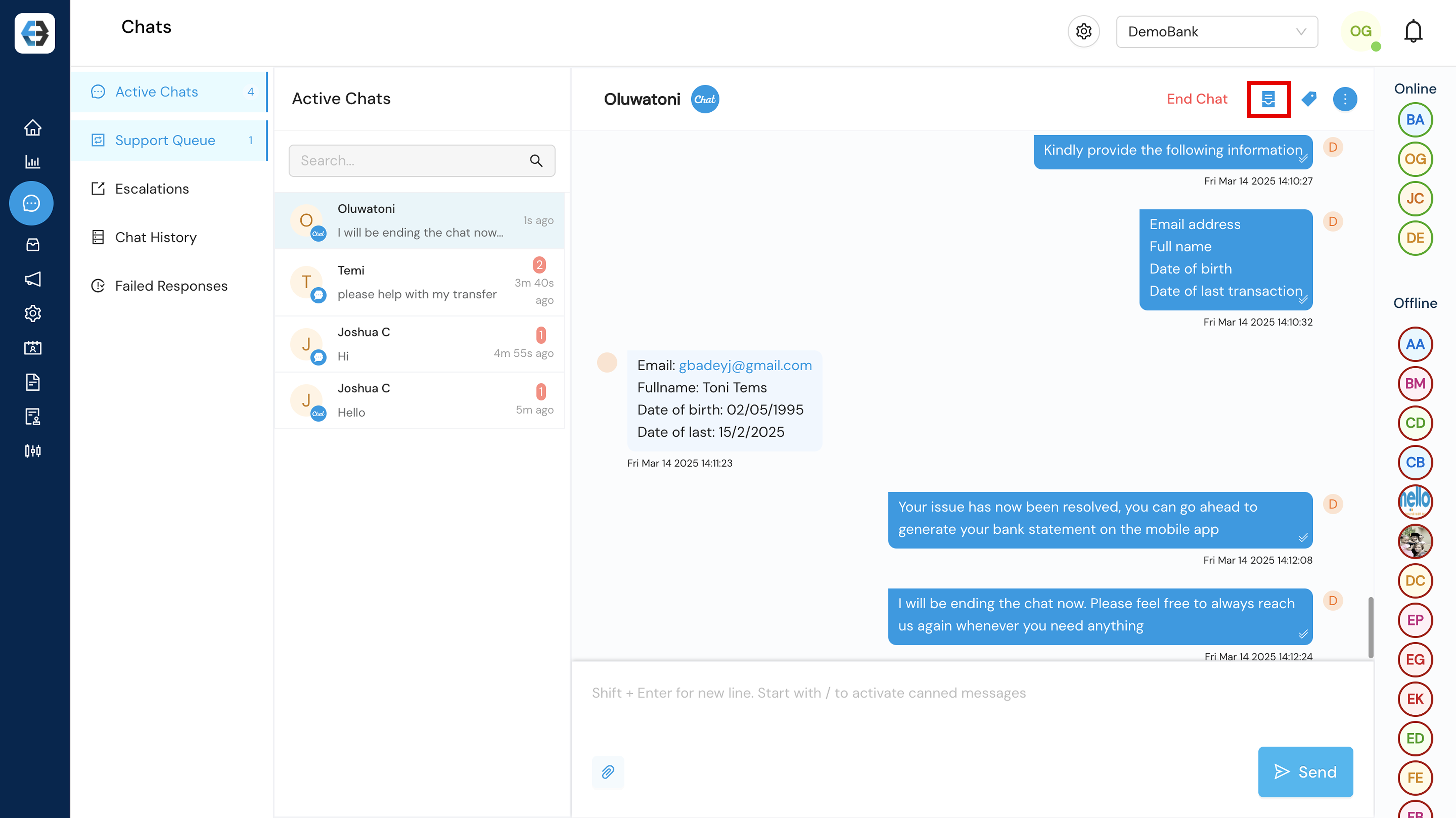 Managing Support Queue, Active Chats, Escalations, Chat History, and Failed Responses 