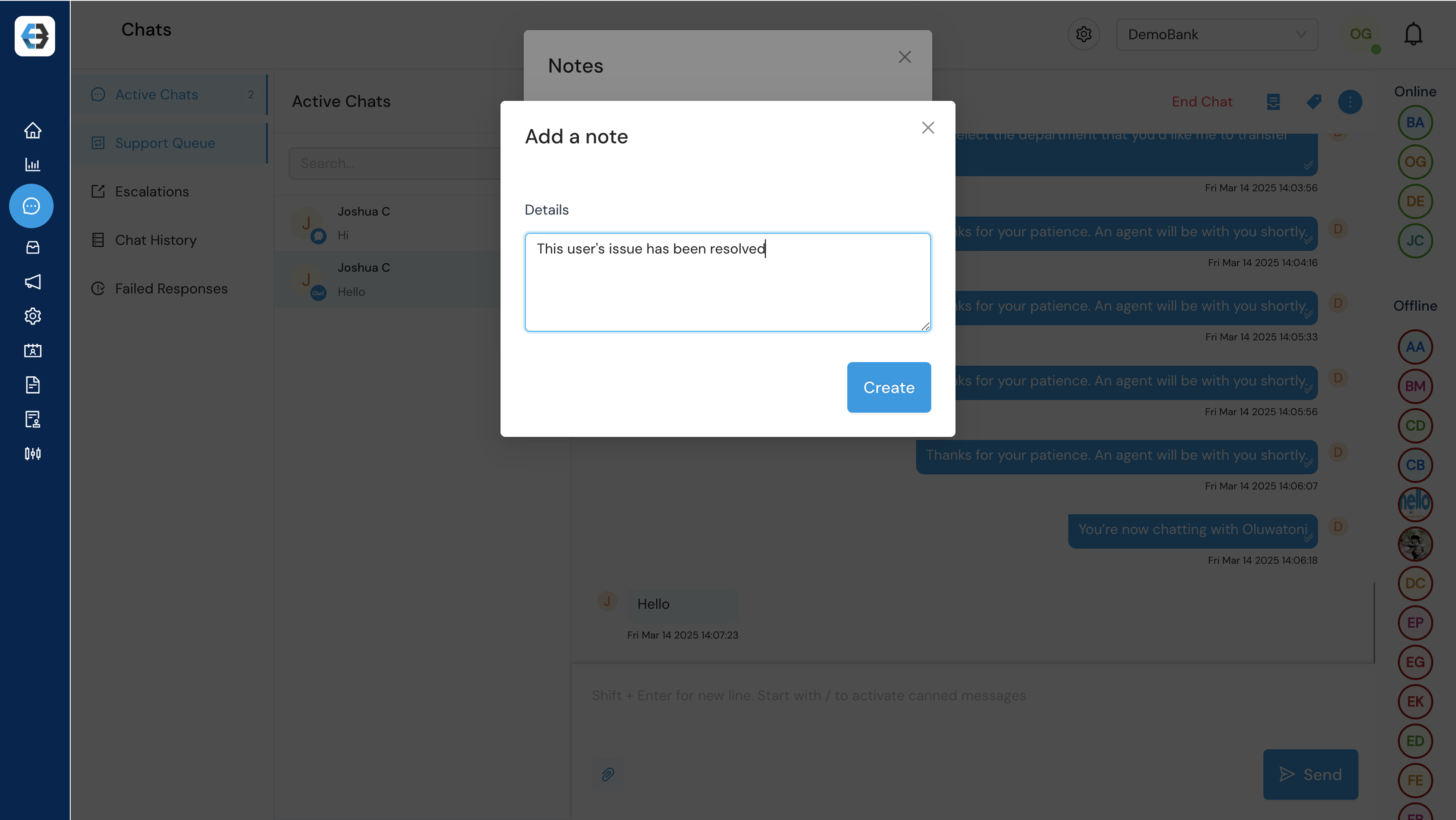 Managing Support Queue, Active Chats, Escalations, Chat History, and Failed Responses 