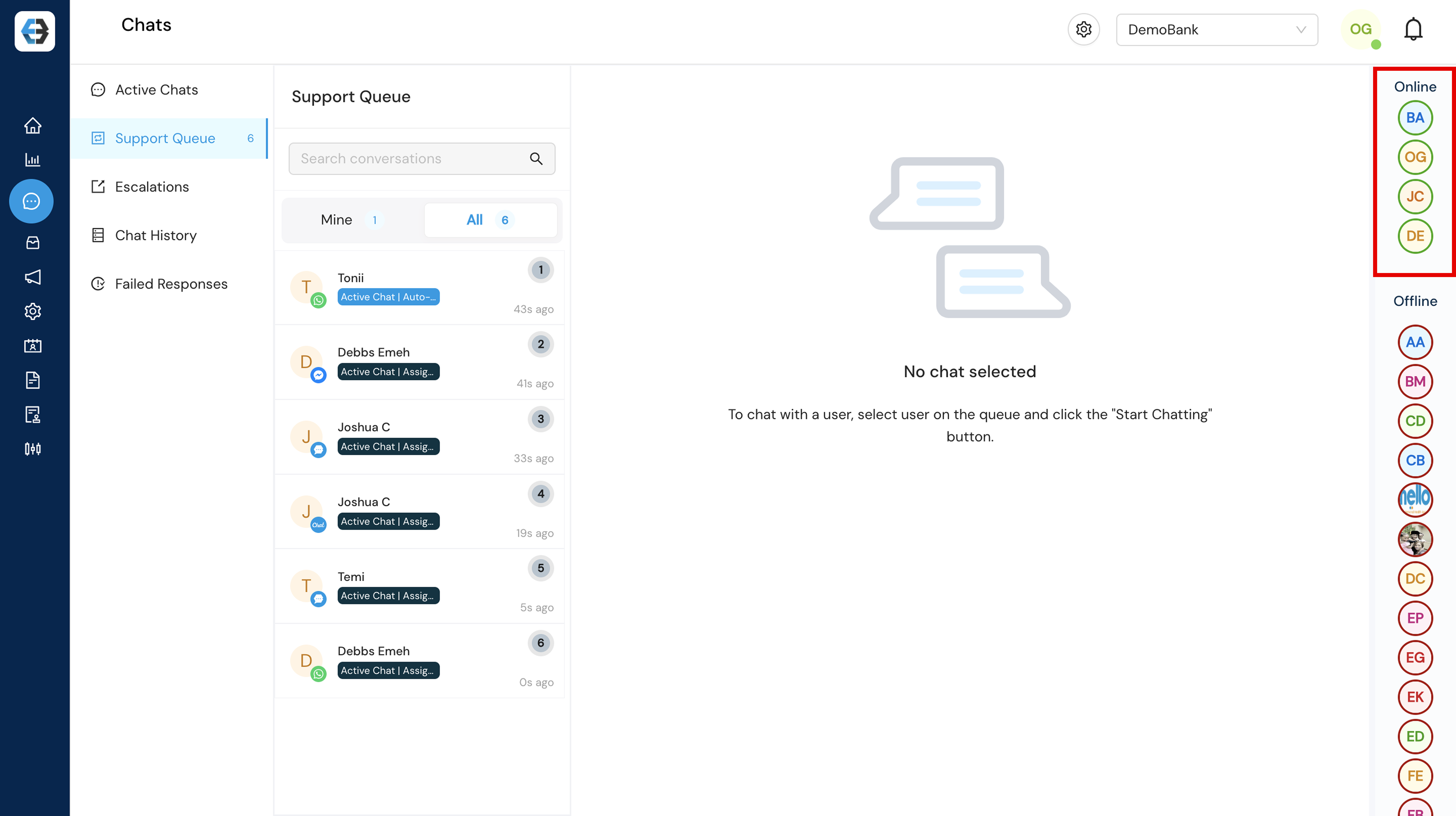Managing Support Queue, Active Chats, Escalations, Chat History, and Failed Responses 
