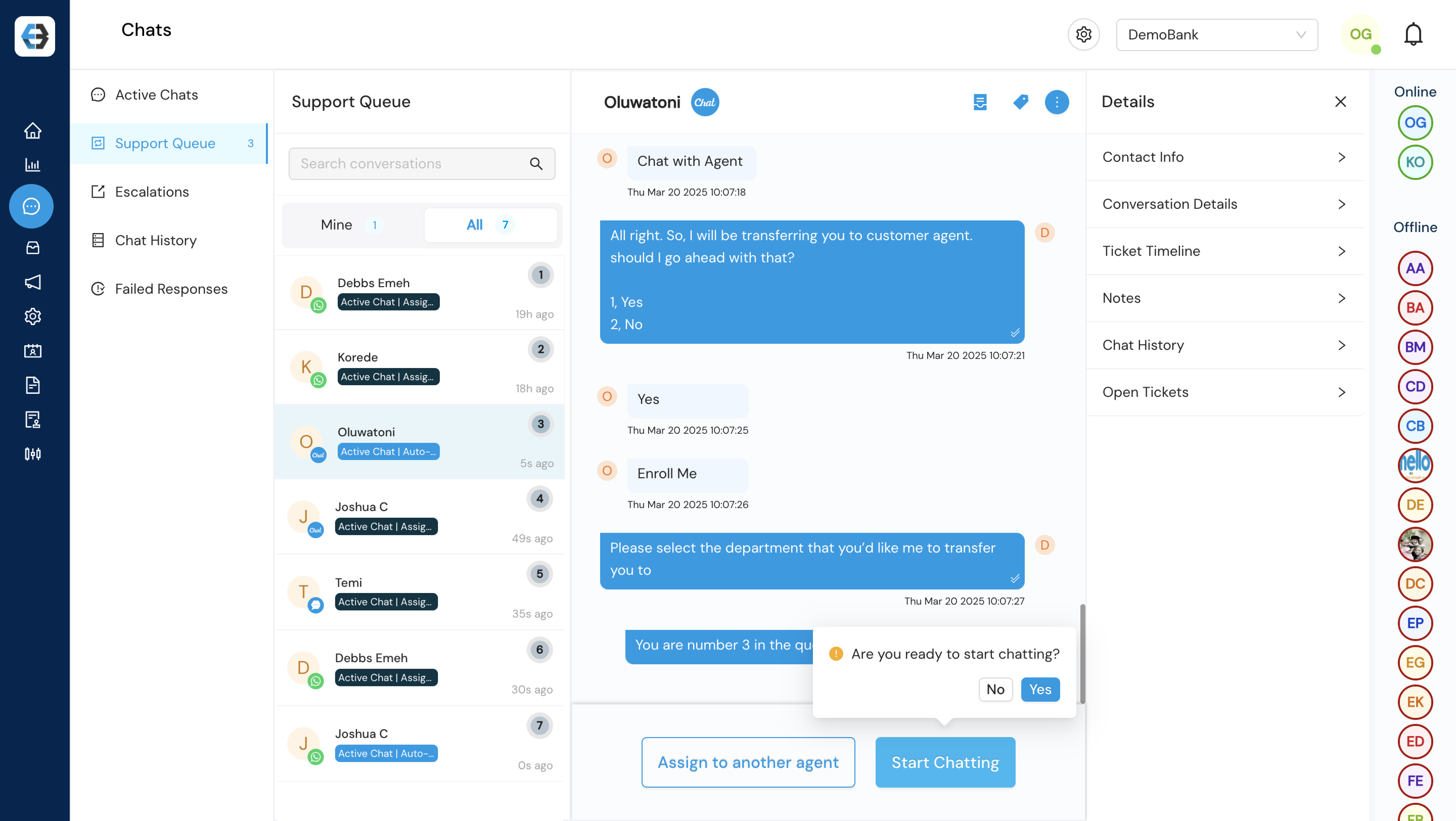 Managing Support Queue, Active Chats, Escalations, Chat History, and Failed Responses 