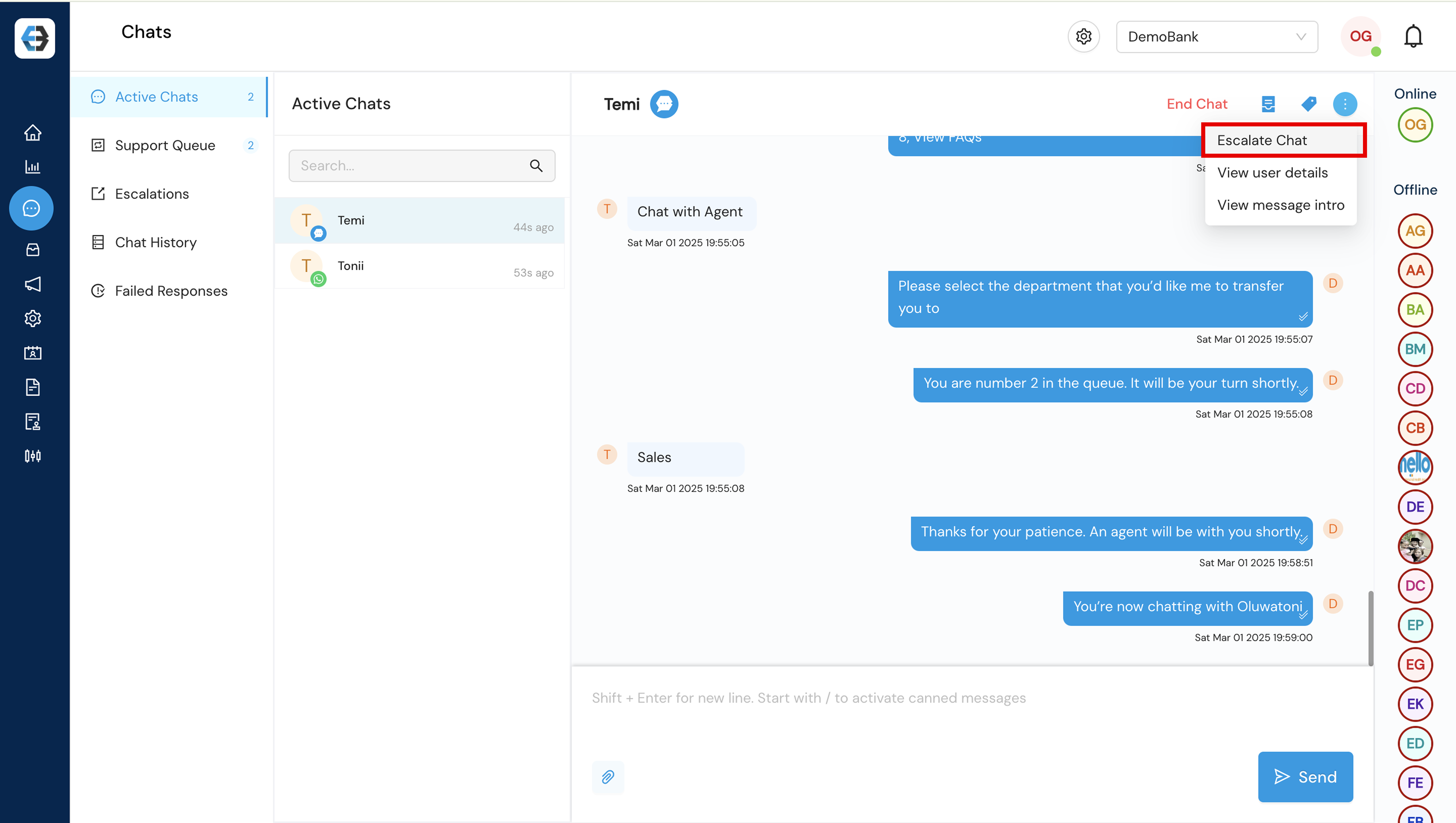Managing Support Queue, Active Chats, Escalations, Chat History, and Failed Responses 