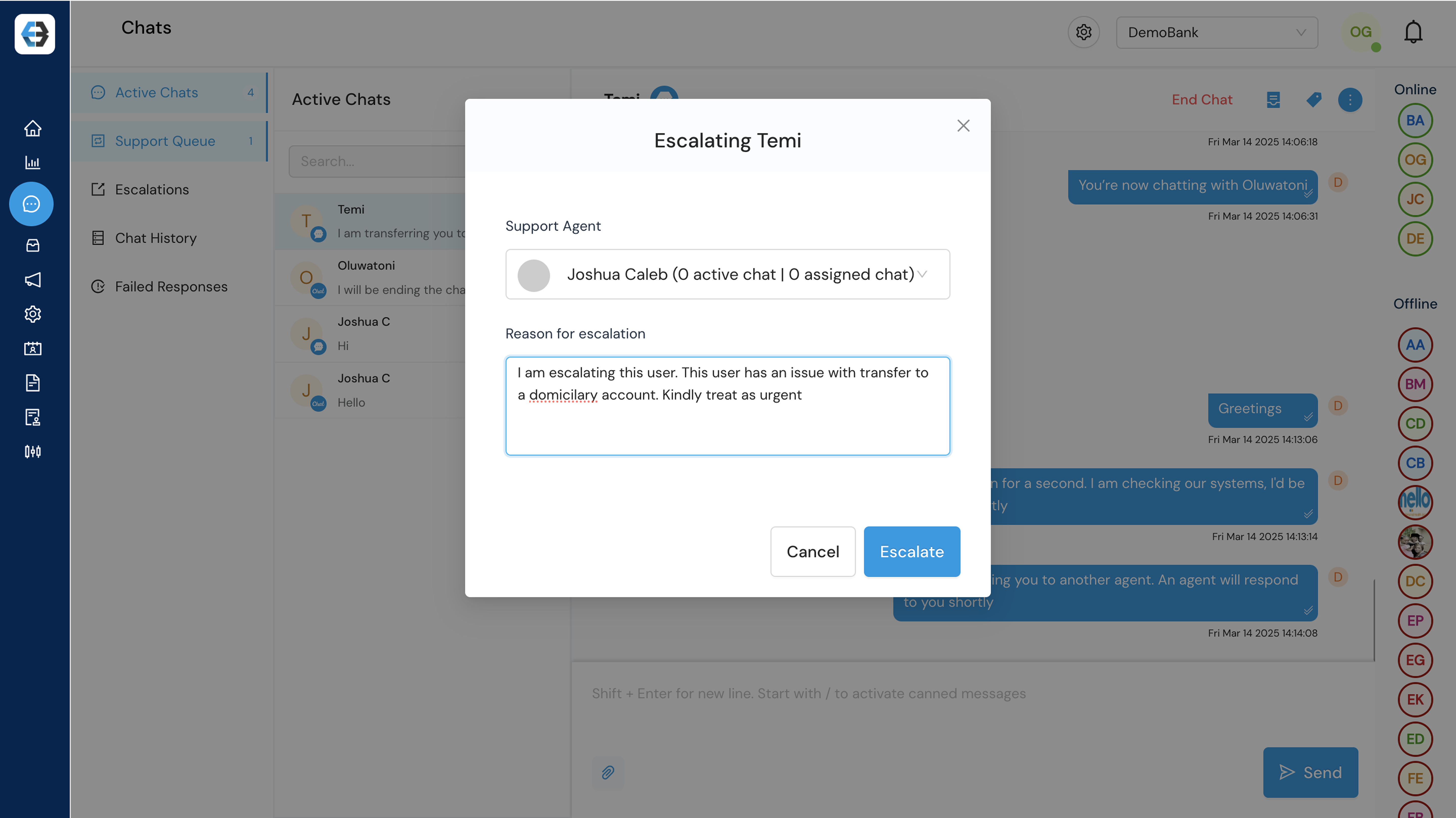 Managing Support Queue, Active Chats, Escalations, Chat History, and Failed Responses 