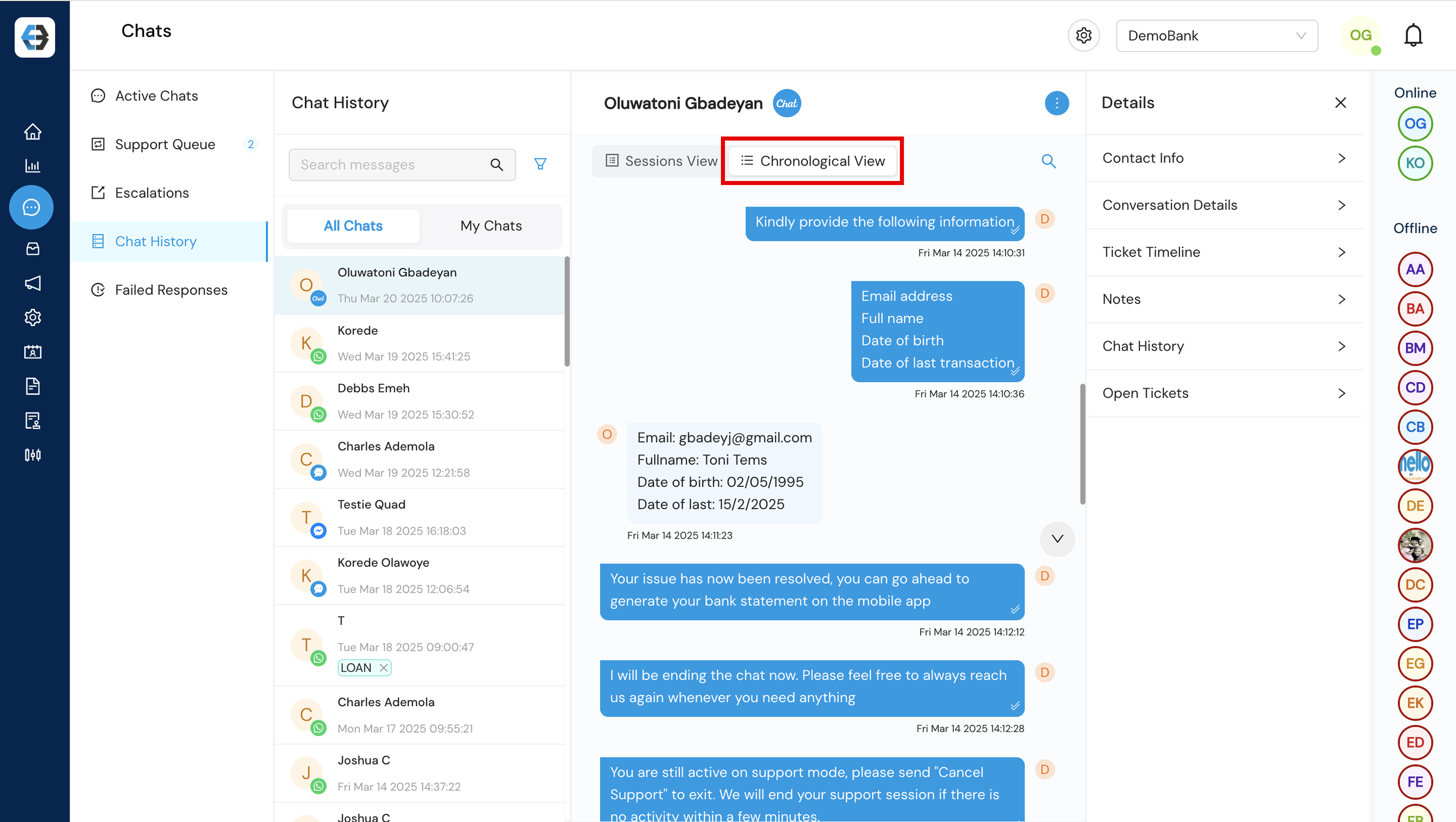 Managing Support Queue, Active Chats, Escalations, Chat History, and Failed Responses 