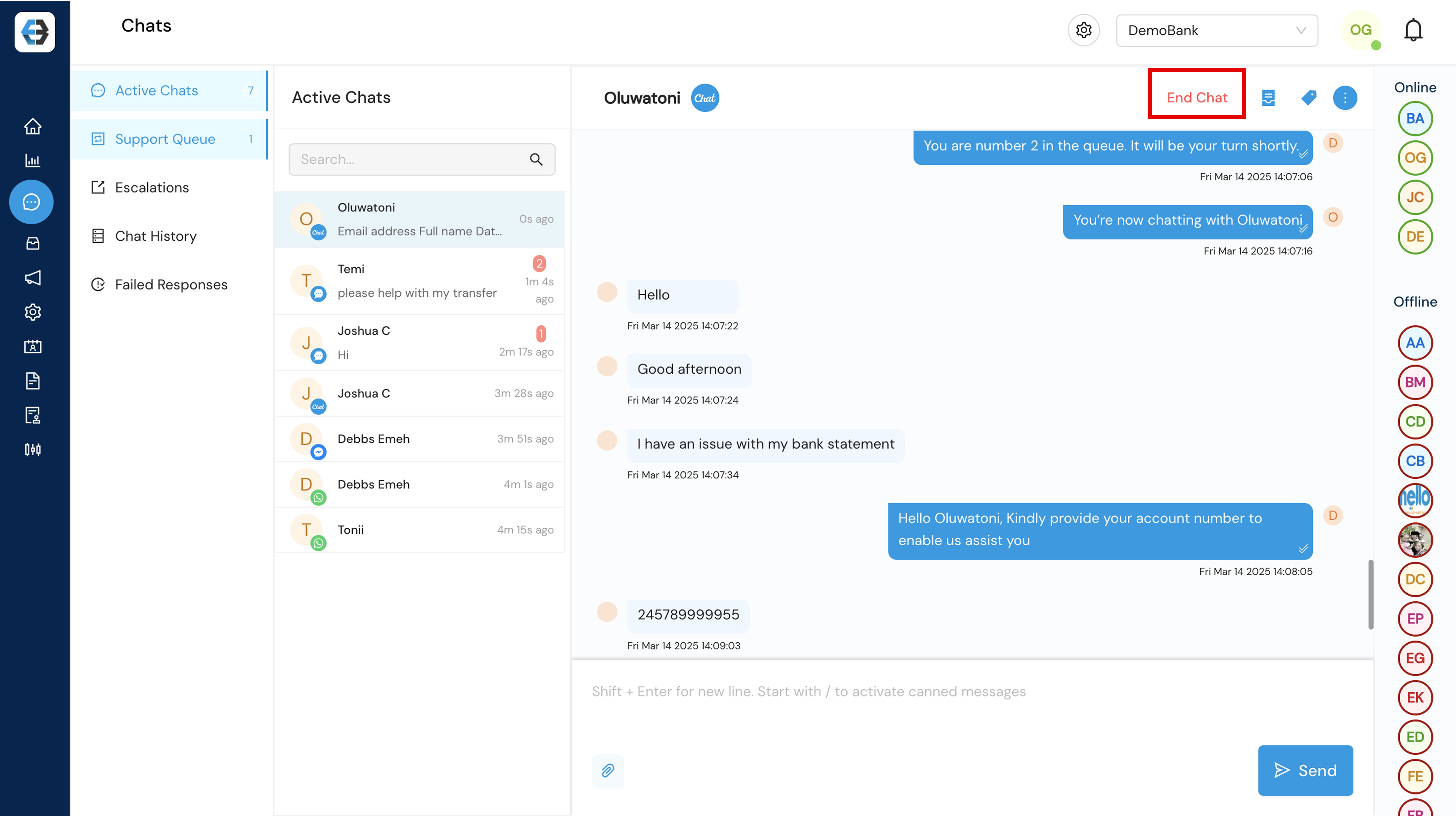 Managing Support Queue, Active Chats, Escalations, Chat History, and Failed Responses 