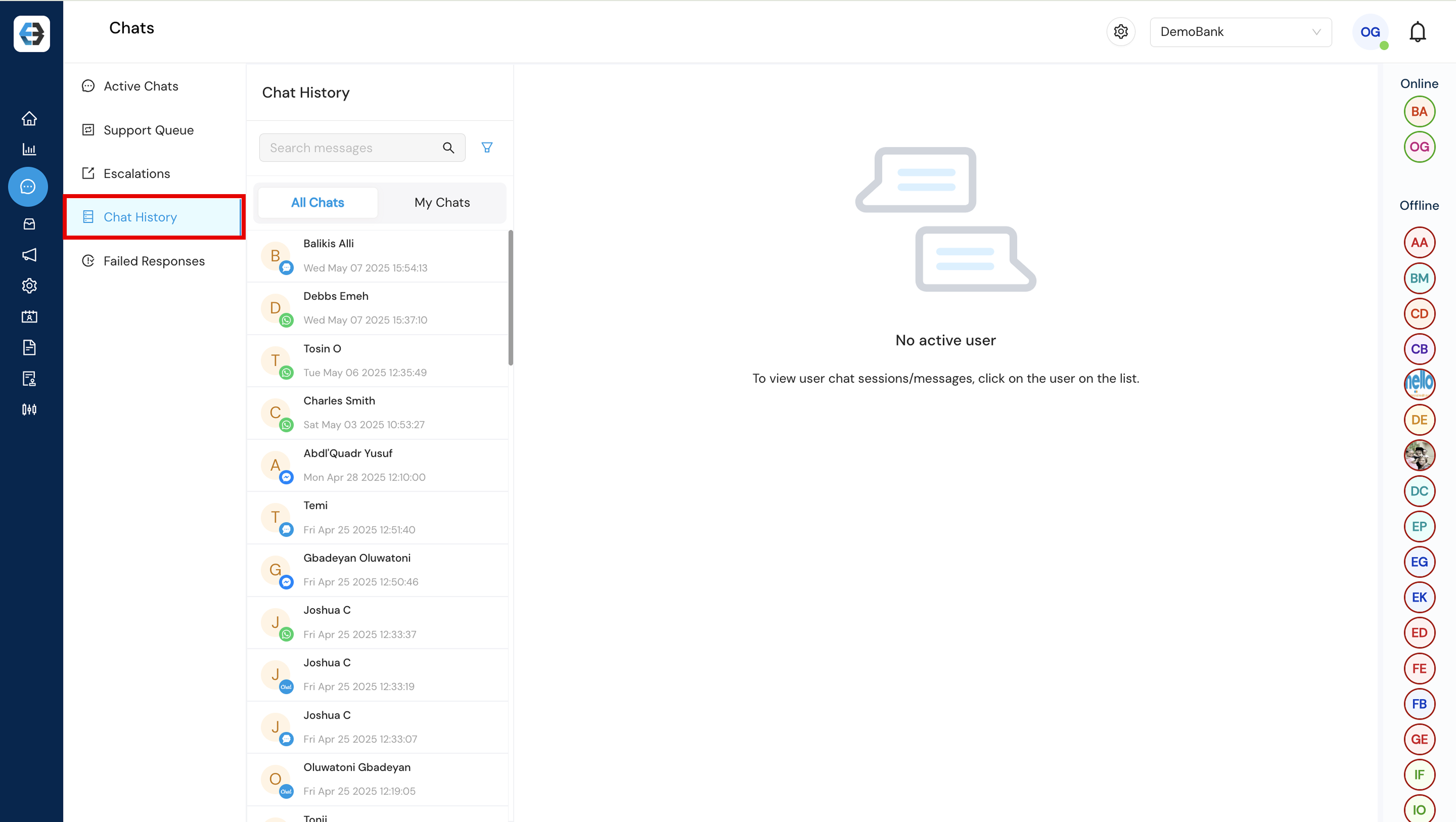 Managing Support Queue, Active Chats, Escalations, Chat History, and Failed Responses 