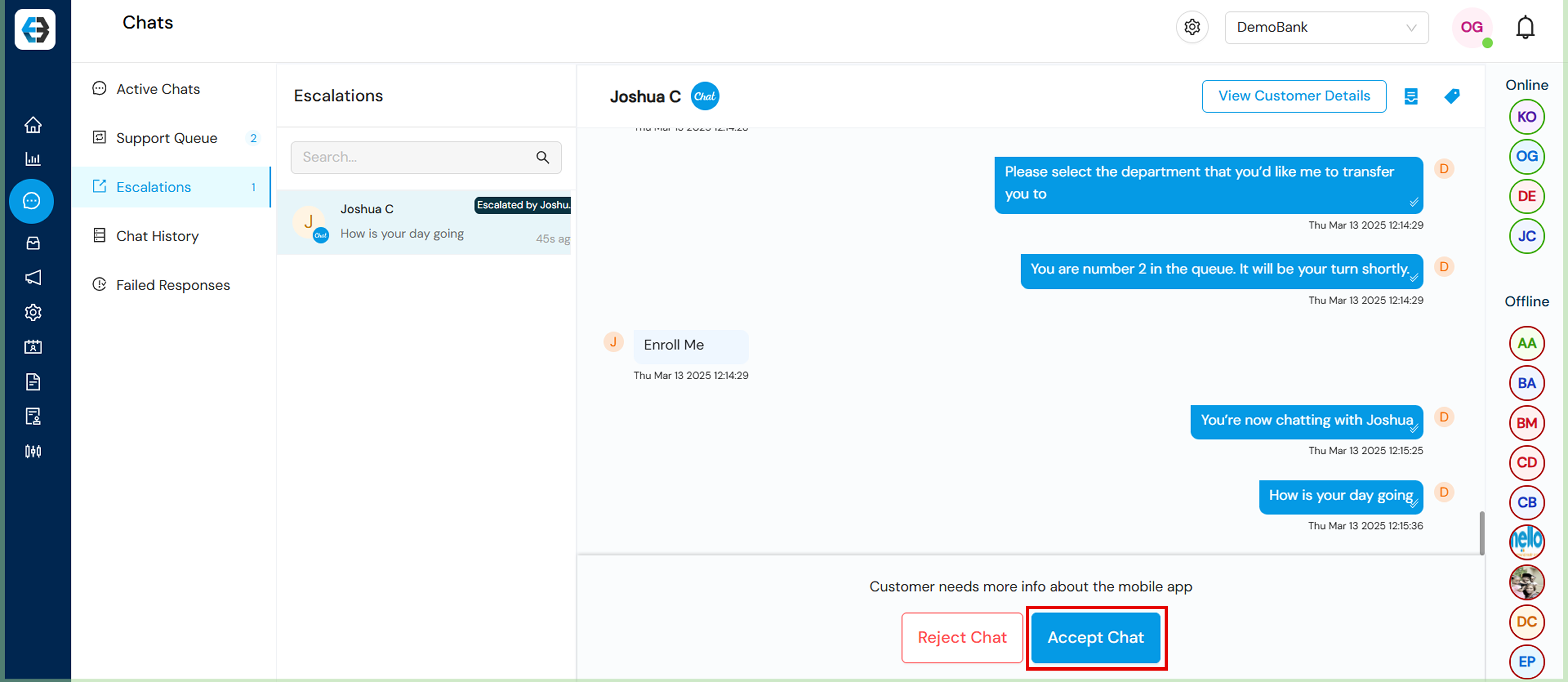 Managing Support Queue, Active Chats, Escalations, Chat History, and Failed Responses 