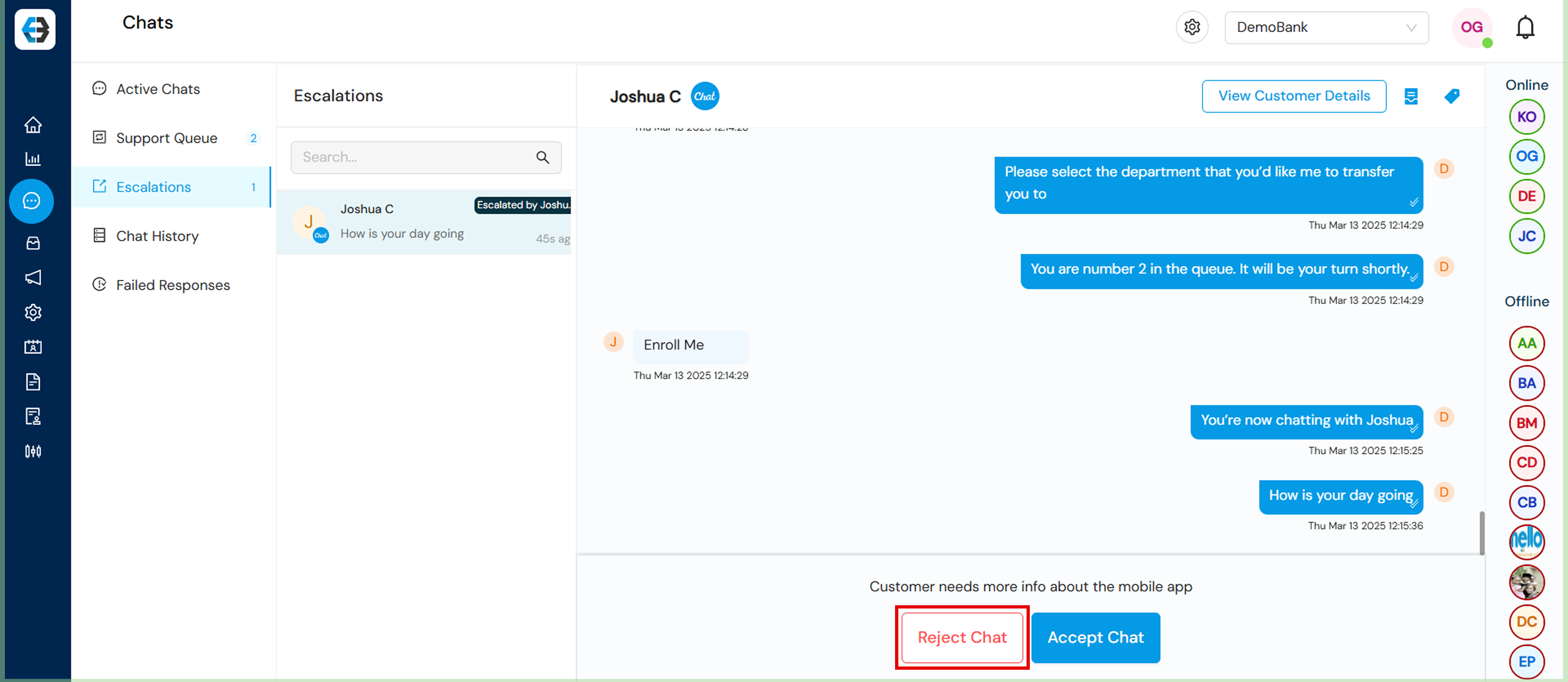 Managing Support Queue, Active Chats, Escalations, Chat History, and Failed Responses 