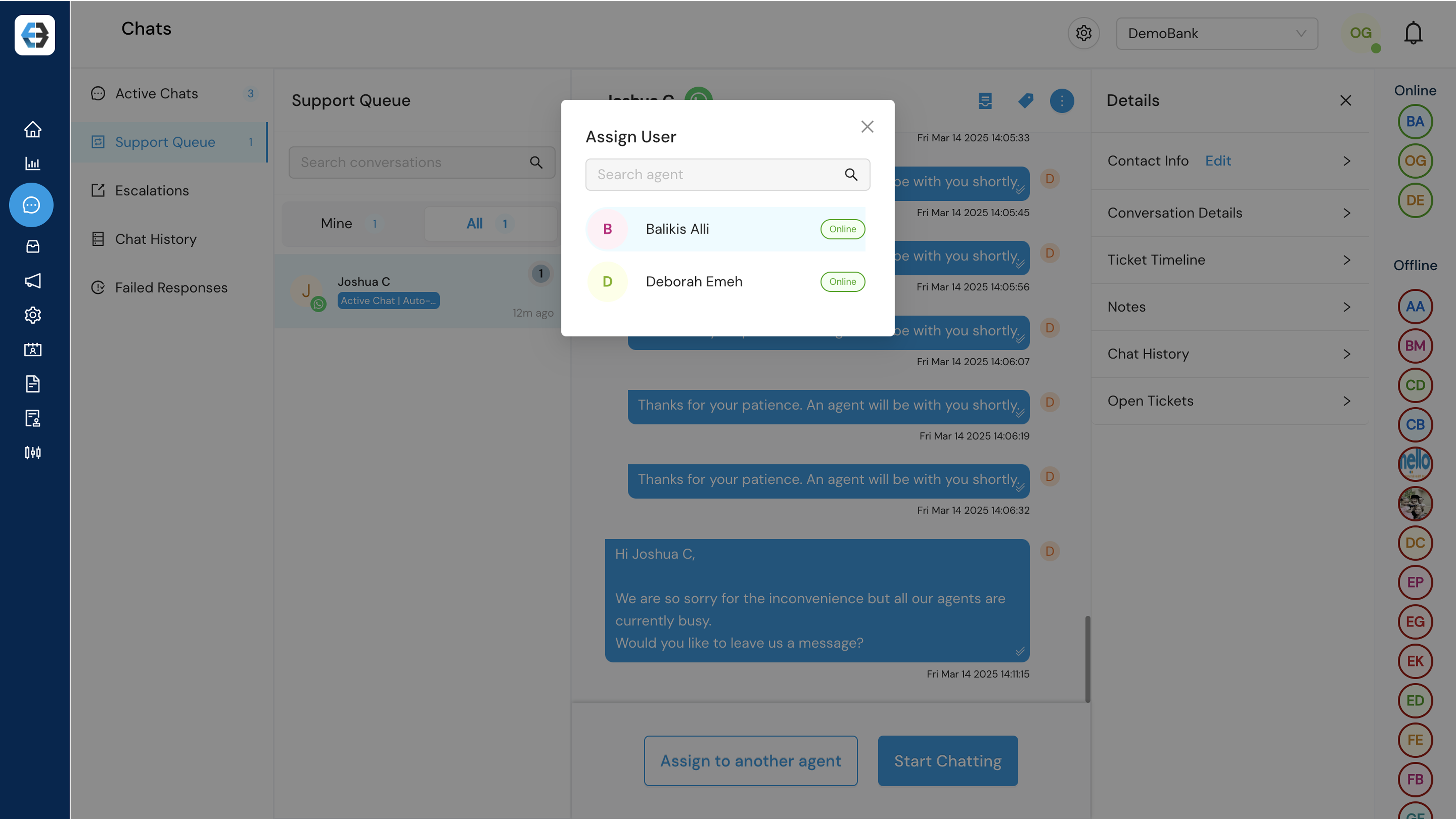 Managing Support Queue, Active Chats, Escalations, Chat History, and Failed Responses 